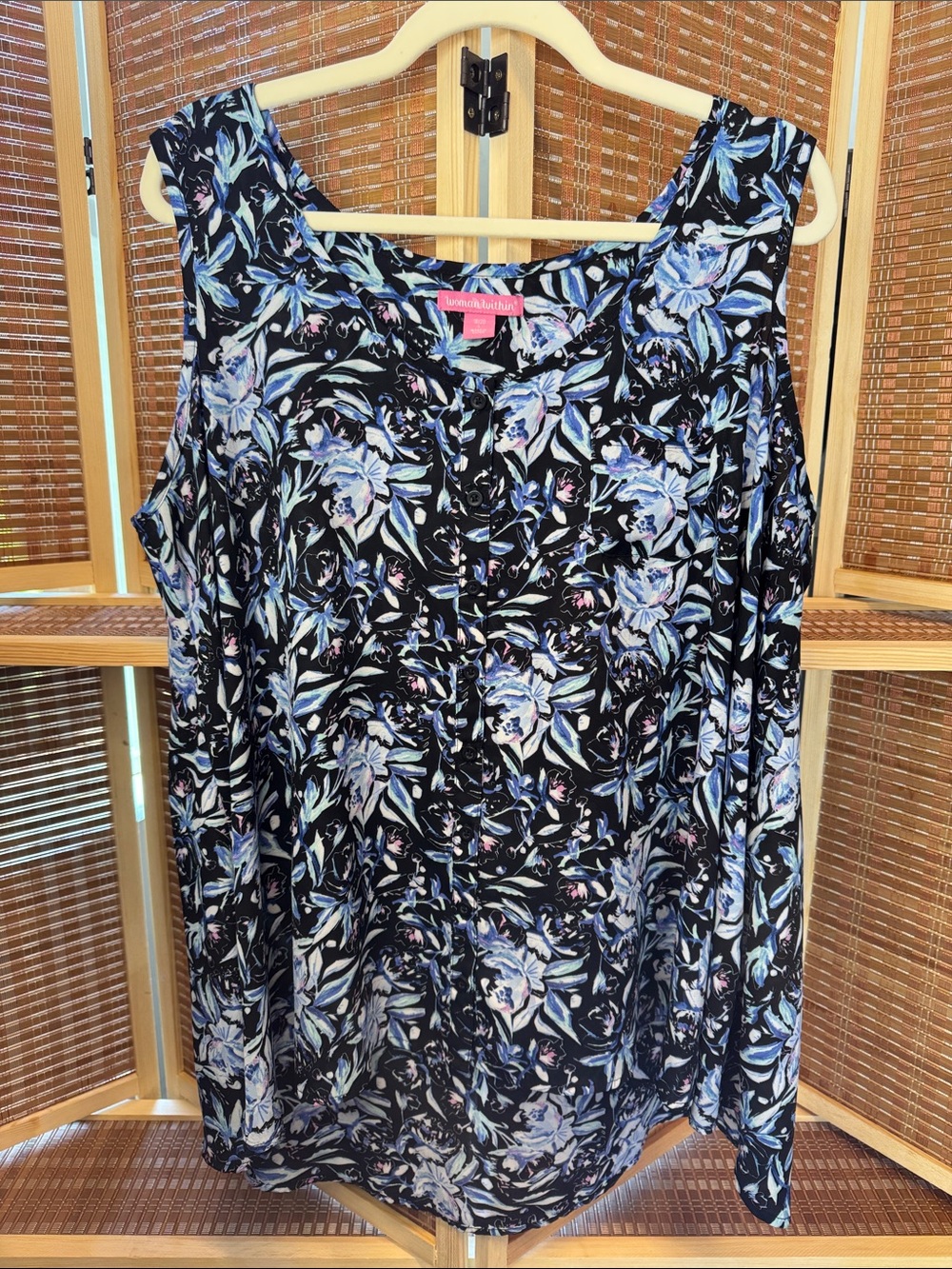 Woman Within Black Floral Button-Front Blouse with Blue & Pink Accents N0330